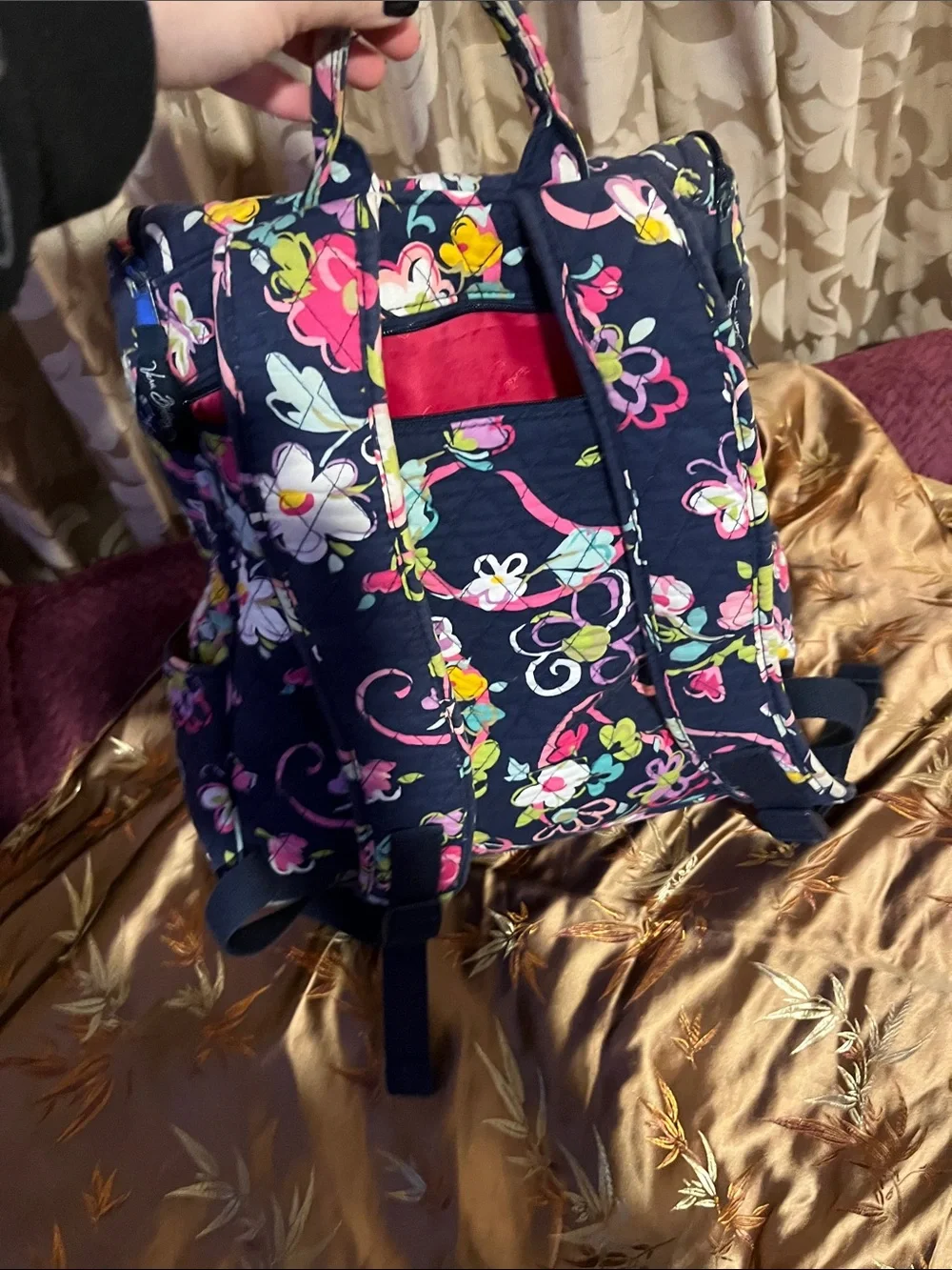 Vera Bradley Quilted Floral Backpack in Navy with Pink & Green Accents